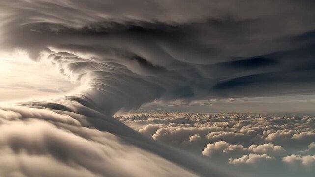 A large storm cloud formation with rolling clouds in the sky