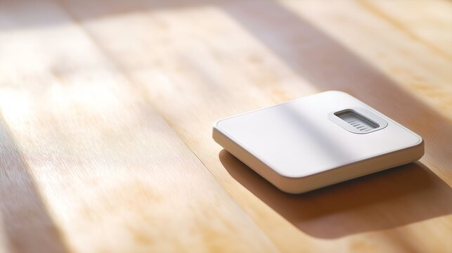 weighing. Weighing scales on a wooden floor, softly lit with a minimalist composition symbolizing health and balance. wellbeing guides.