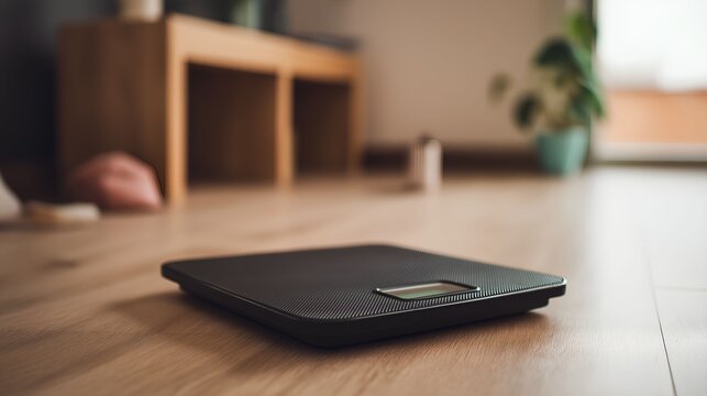 weighing. Weighing scales on a wooden floor, softly lit with a minimalist composition symbolizing health and balance. wellbeing guides.