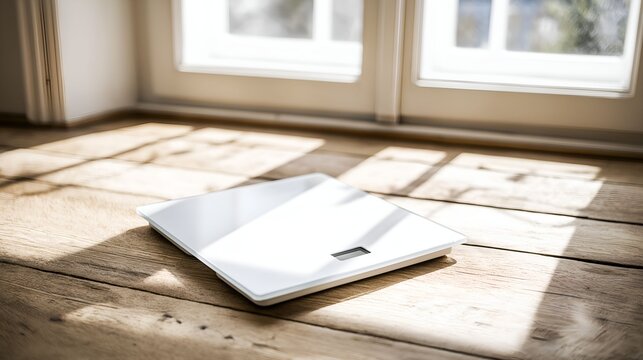 weighing. Weighing scales on a wooden floor, softly lit with a minimalist composition symbolizing health and balance. wellbeing guides.
