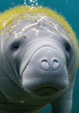 Close-up Portrait of a Florida Manatee Swimming Underwater with Algae