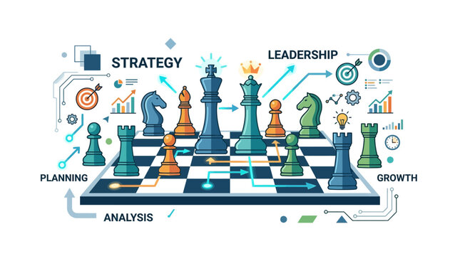 Business strategy leadership planning analysis growth on chessboard