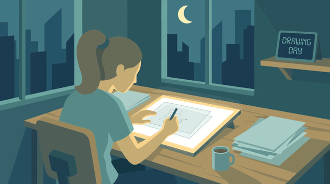 Female Artist Drawing on Lightbox in Studio at Night