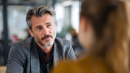 Fototapeta premium Professional man having a serious conversation with a colleague in a modern office environment