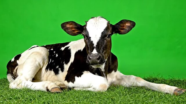 A young black and white calf lying on green grass in front of a vibrant green background.