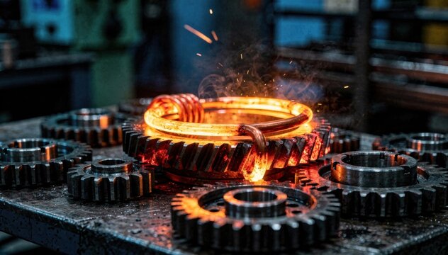 Medium shot focusing on induction heating of tool gears with glowing coils demonstrating rapid and localized hardening for enhanced performance and longevity.