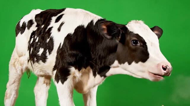 A young black and white Holstein calf stands against a vibrant green screen background, looking curiously to the right.