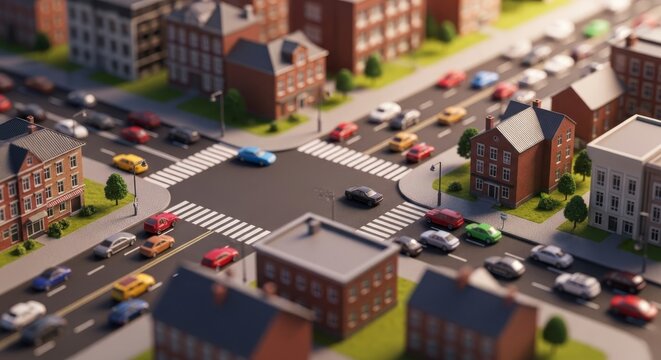 Detailed miniature city scene with colorful small buildings and cars on intersecting roads under soft light using a tilt shift lens effect, rooftop, scenery, transportation