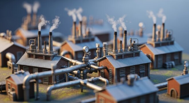 Detailed miniature industrial landscape features tiny factories with smoke stacks and small transport pipes under a tilt shift lens blur, warehouse, iron, power