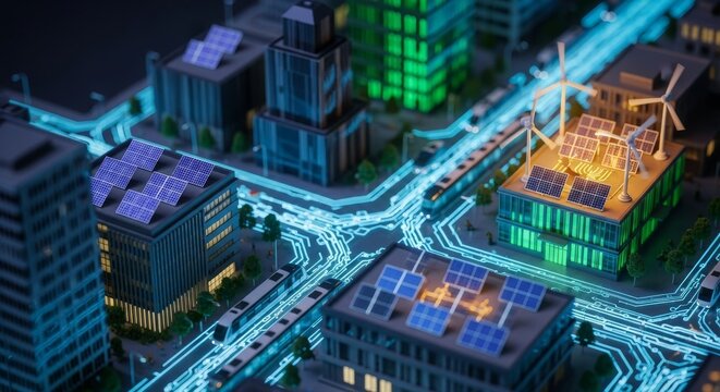 Detailed miniature urban model featuring glowing circuit patterns, integrated solar panels, wind turbines, and automated transit systems, micro, detailed, miniature