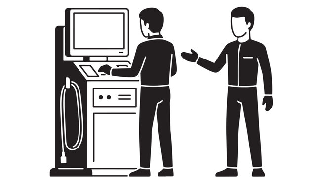 Computer workstation and two programmers talking in a clean flat vector illustration for tech and software concept
