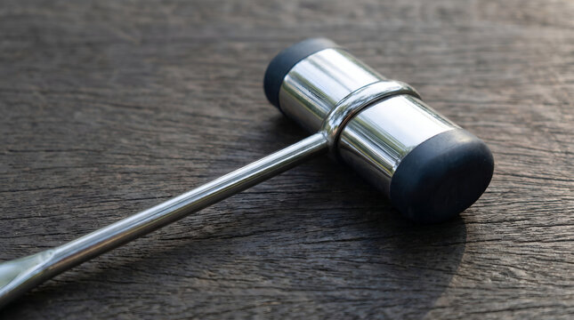Close up of a reflex hammer resting on a wooden surface, a medical instrument for testing reflexes