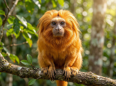 Golden lion tamarin monkey sitting on a tree branch in the rainforest