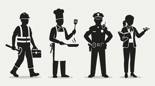 Silhouettes of diverse professionals including construction worker chef police officer and businesswoman standing confidently
