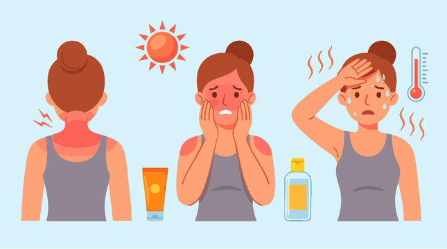 Sunburn skin damage and heat stroke symptoms vector set, woman with painful red sunburnt skin, heat exhaustion and dehydration medical illustration