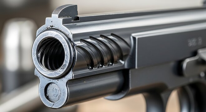 Black Handgun Barrel Shown in Close Up Detail with Blurred Background