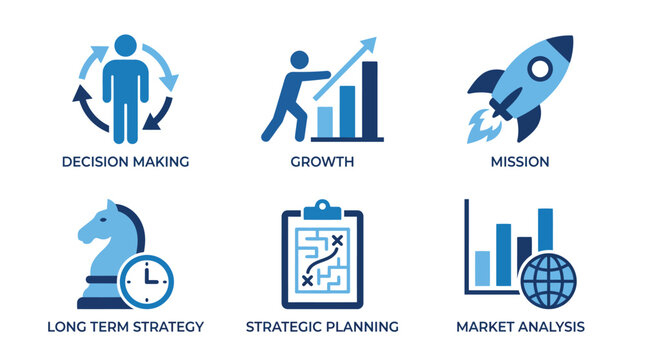 Vector graphic illustration of Business strategy icons set with decision making, growth, mission, long term strategy, strategic planning, market analysis Vector