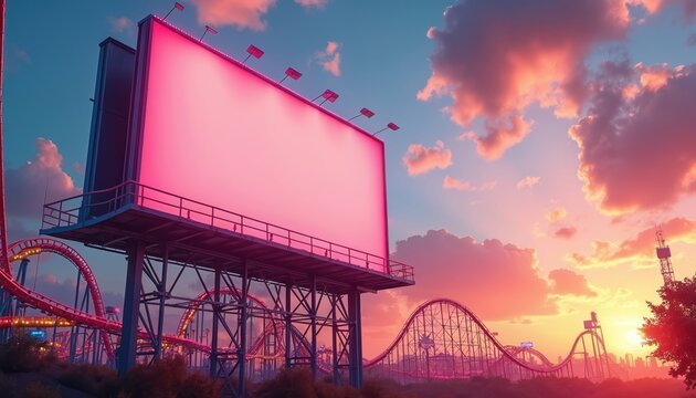 Large blank billboard glows pink at sunset near roller coasters. Amusement park scene with vast empty ad space under colorful sky. Opportunity for promotion and design.
