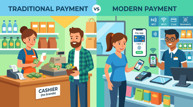A comparative illustration showing traditional cash payments versus modern digital contactless mobile transactions in a retail store shopping environment setting