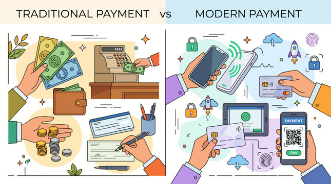 An informative infographic comparing traditional cash and check transactions against modern contactless mobile and digital financial payment technology solutions today.