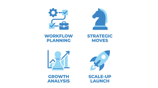 Vector graphic illustration of Business strategy icons set with workflow planning, chess, growth analysis and rocket launch Vector