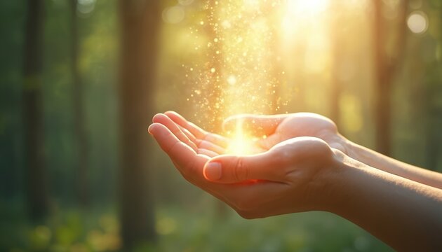 Two hands cup bright golden light with floating particles in serene forest setting. Gentle energy or magic flows from palms, suggesting healing spiritual connection. Nature glow illuminates scene.