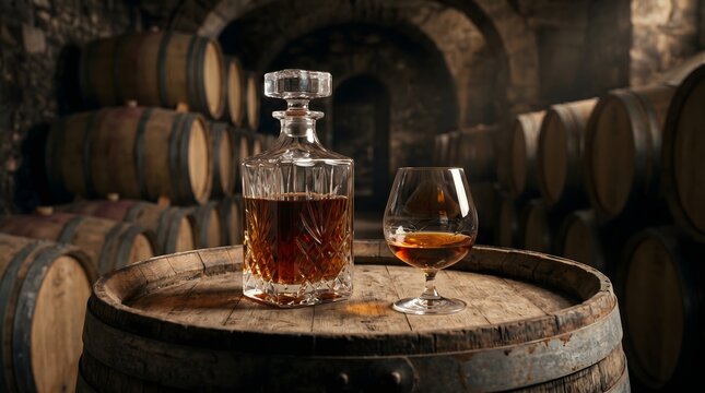 Fine Whiskey in Crystal Decanter and Glass, Barrel Cellar