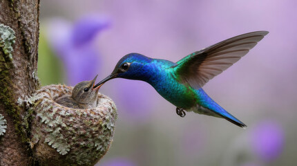 Fototapeta premium hummingbird feeding chick in nest vibrant iridescent blue green plumage long beak tender maternal care delicate nest soft lavender gradient background morning light wildlife photography nature beauty