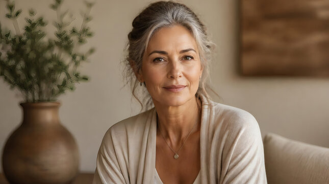 empowered menopause embrace serene 50s woman portrait with natural glow soft earthy tones fine lines tranquil self acceptance in warm comfortable clothing