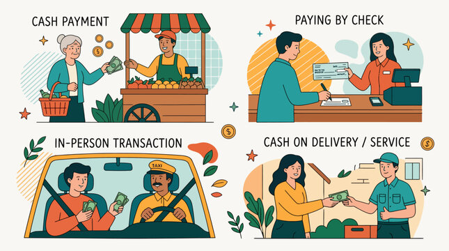 Diverse people engaging in various daily financial transactions including paying with cash, writing personal checks, and completing service delivery payments