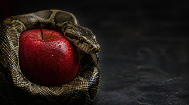 snake coiling around red apple temptation forbidden fruit dramatic lighting danger sin eden allegory dark moody high contrast close up mystique