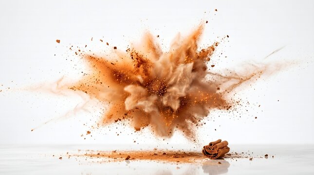 A brown powder explosion occurs rapidly on a white surface with debris.