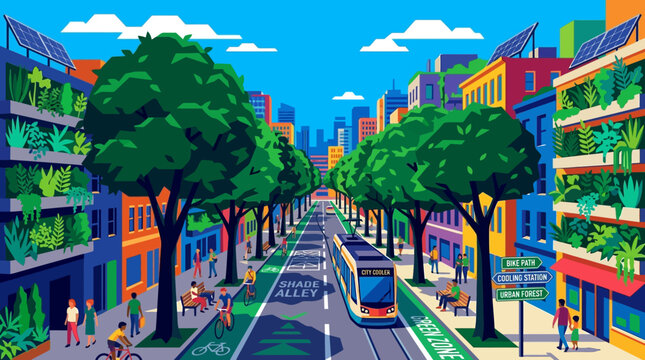 Vibrant illustration of a sustainable modern city street featuring lush trees, eco-friendly public transport, and people enjoying the urban environment.