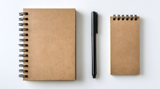 Two Kraft Paper Notebooks and a Black Pen on a White Background.