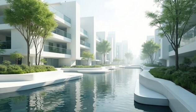 Clean white modern buildings line calm water canal with green trees and grass. Futuristic city architecture features balconies and minimalist design. Eco-friendly urban landscape.