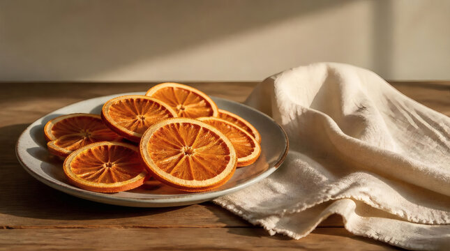 dried orange slices artful ceramic plate cozy minimal still life food photography warm golden light textured wooden table neutral background earthy tones soft shadows cream textile rustic elegance dri