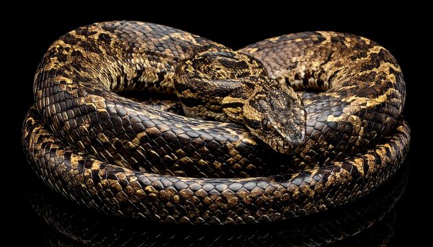 Coiled Brown And Black Patterned Snake Macro Studio Portrait Isolated On Black Background With Reflection