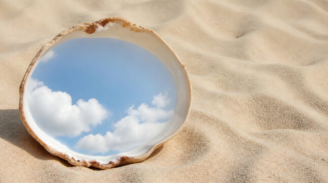 surreal elegance large seashell mirror reflecting sky on sandy beach serene coastal still life for luxury summer branding beauty design sophisticated interior decor
