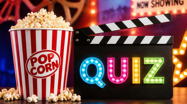 popcorn clapperboard quiz cinema game movie trivia night interactive entertainment event film festival fun exciting competition popcorn overflowing bucket classic movie clapper bold quiz text colorful