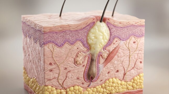 Detailed 3D anatomical illustration of human skin cross-section revealing an inflamed hair follicle with pus, indicative of acne.