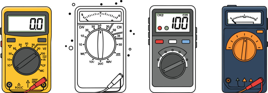 Multimeter Icon Set in Vector Illustration Featuring Digital and Analog Meters for Electrical, Measurement, and Testing Design