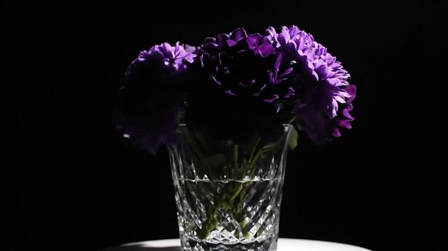 Close-up of purple flowers in a crystal vase with dark background.