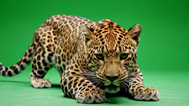 A majestic leopard with distinctive spotted fur in a low, predatory stance against a vibrant green screen.