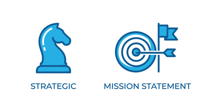 Vector graphic illustration of Blue strategic mission statement icons with chess knight and target Vector