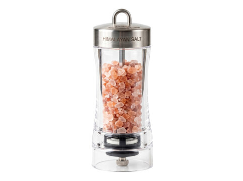 Clear acrylic salt grinder with pink himalayan rock salt inside spice grinder kitchen utensil pinch of salt sea salt table salt kosher salt shaker clear container metal cap food prepara