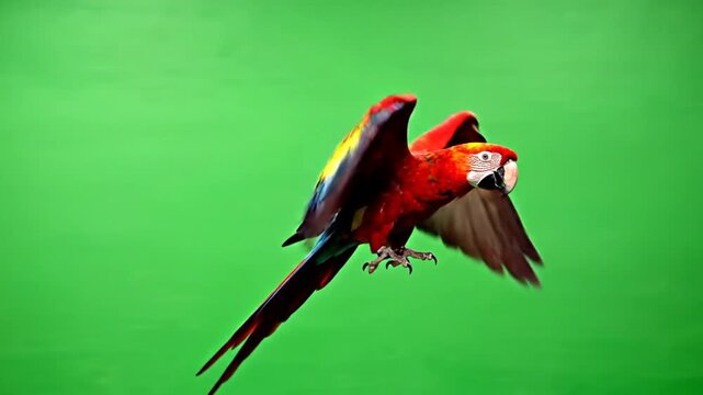 A vibrant scarlet macaw with outstretched wings flying against a bright green background, showcasing its colorful plumage.