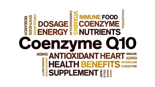 Coenzyme Q10 animated word cloud-CoQ10 text design animation tag kinetic typography seamless loop.