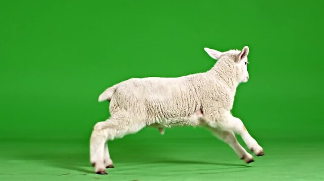 A young white lamb running and leaping across a vibrant green screen background.