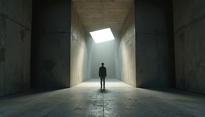 Fototapeta premium Man stands in stark concrete corridor looking toward bright light source above. Minimalist interior design creates sense of isolation and mystery. Futuristic architecture emphasizes empty space.