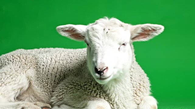 A cute white lamb resting peacefully against a vibrant green background, looking directly at the camera.